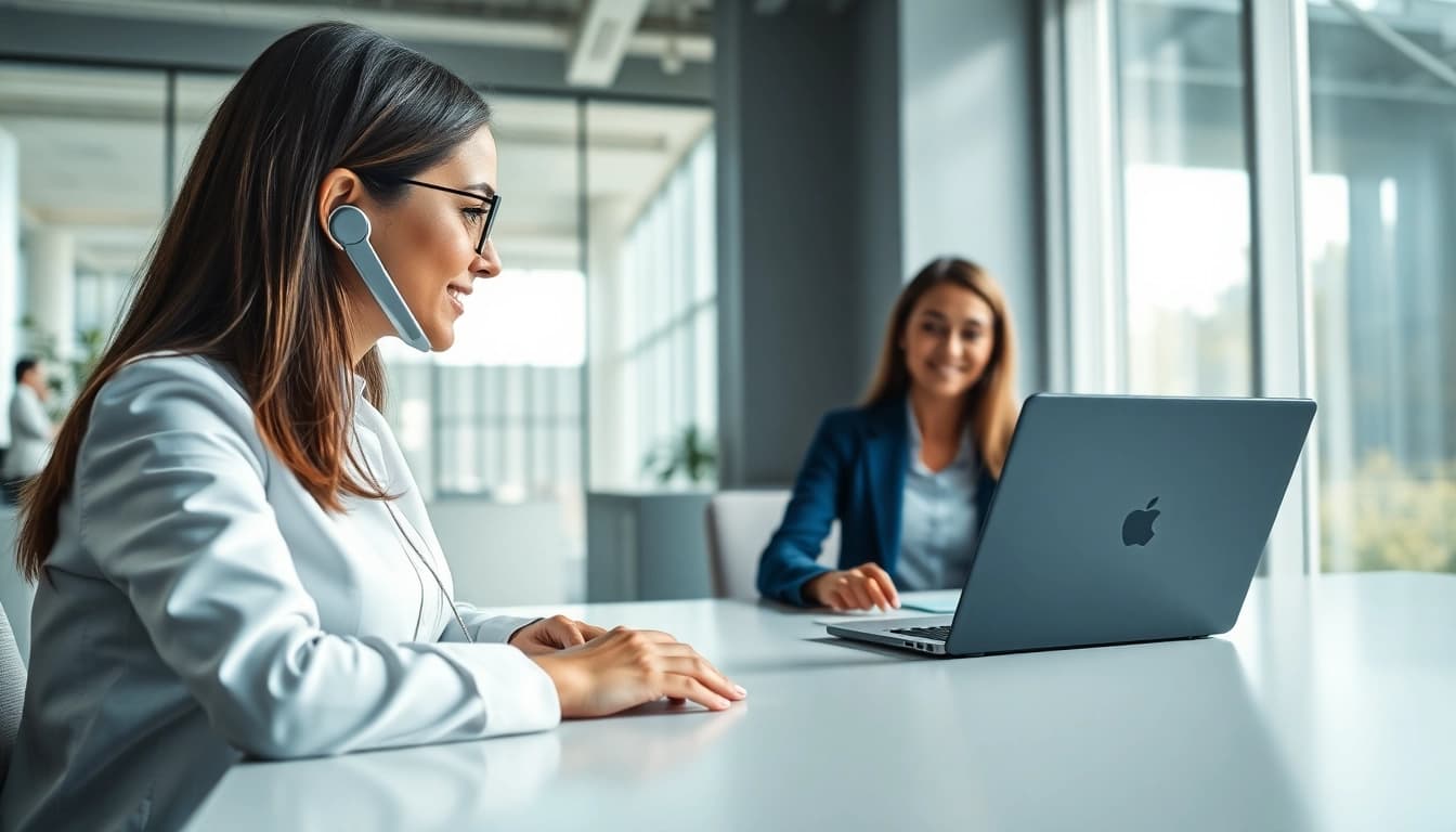 AI Receptionist engaging with a caller in a modern office, showcasing sleek technology.
