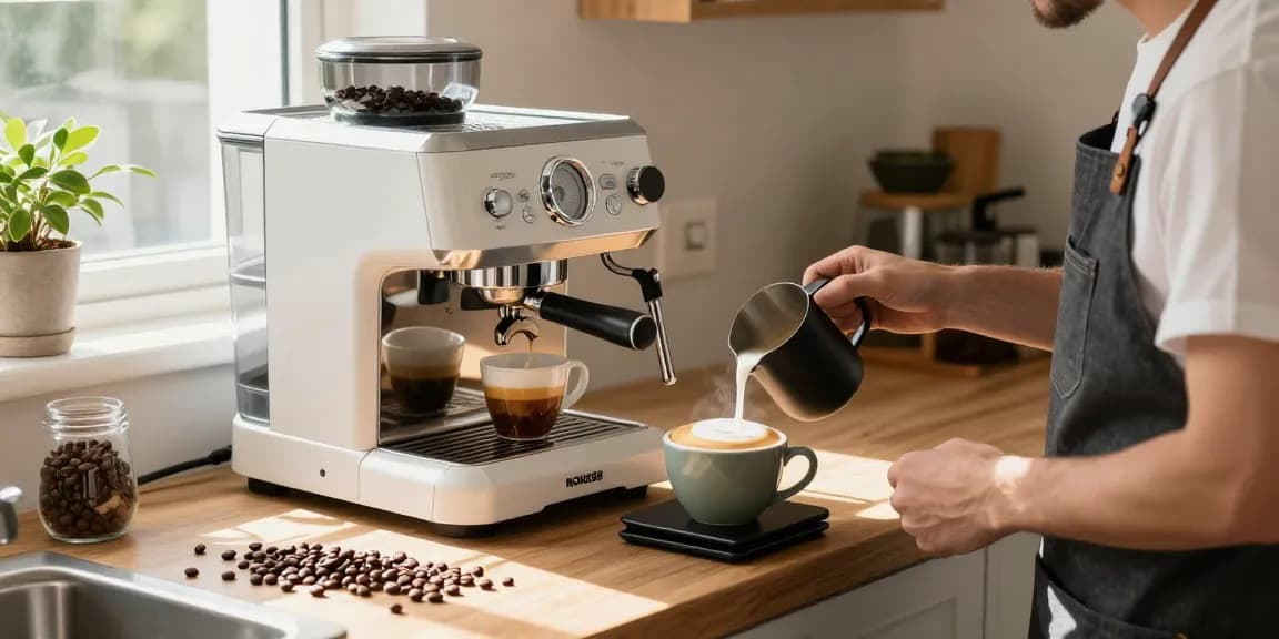 Barista using ROKOK88 espresso machine to brew fresh coffee in a bright kitchen.