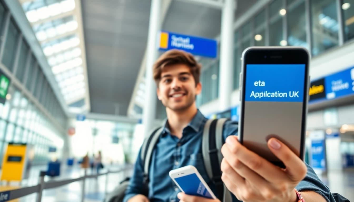 Apply for the eta application uk with ease at a modern airport terminal, featuring a young traveler.