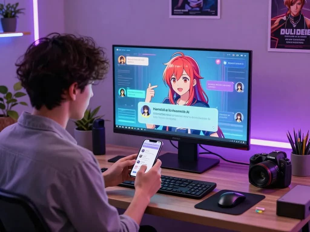 Interactive Hentai AI chat scene showing user engaging with vibrant anime character through modern chat interface.