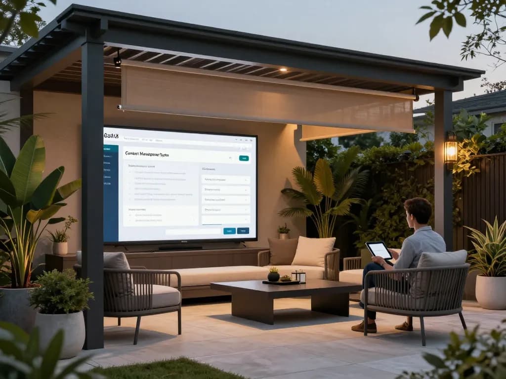 Gestire le funzionalità della pergola con un CMS in uno spazio moderno per esterni.