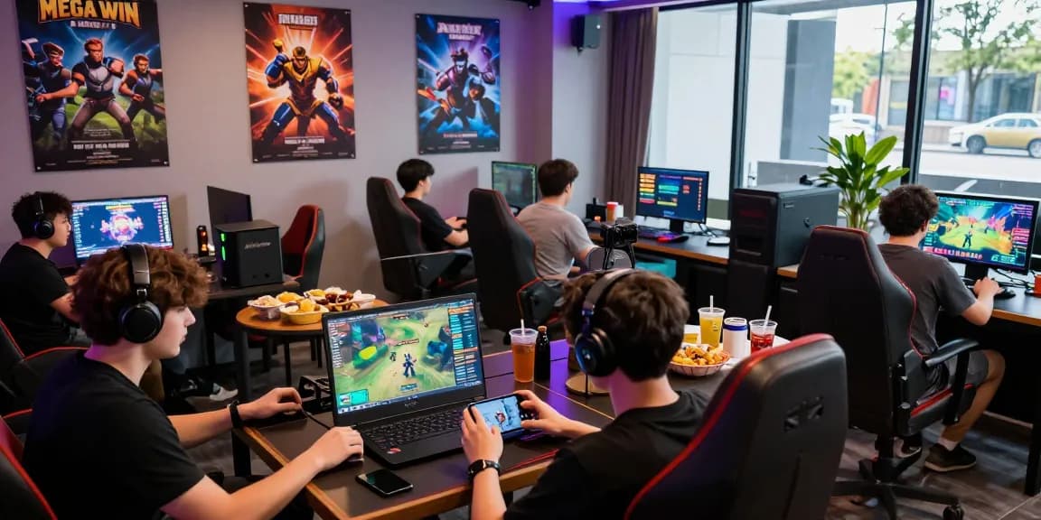 Komunitas gaming Mega Win aktif dengan pemain menggunakan berbagai perangkat untuk bermain di lingkungan digital yang stylish.