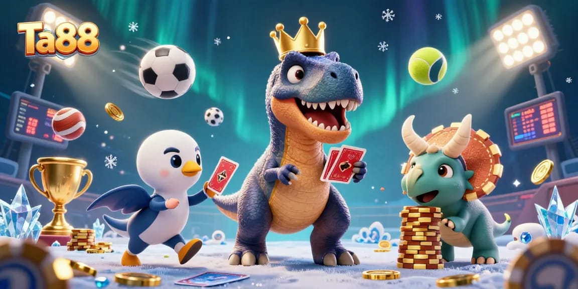 Ta88 engaging characters shuffle cards and stack chips in an exciting casino scene.