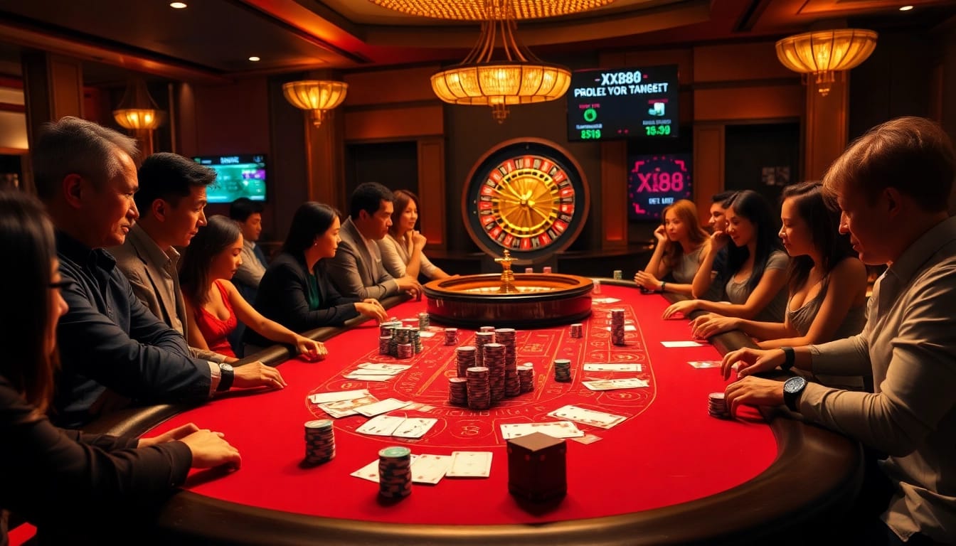 Intense Baccarat gameplay scene at XX88, showcasing chips and cards in a dynamic casino atmosphere.