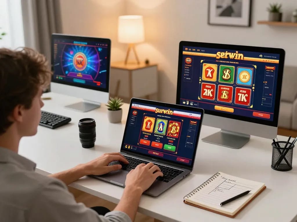 Player engaging in online gaming at surewin platform, showcasing a vibrant setup with strategy notes.