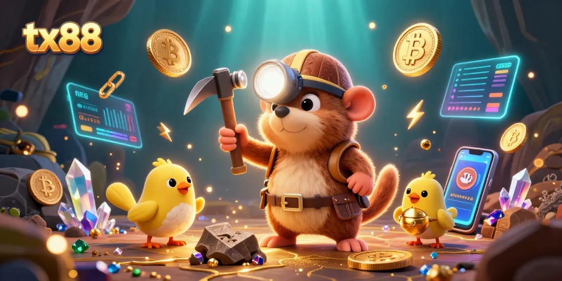 Experience the excitement of tx88 with a treasure hunter mole and canary in a vibrant casino scene.