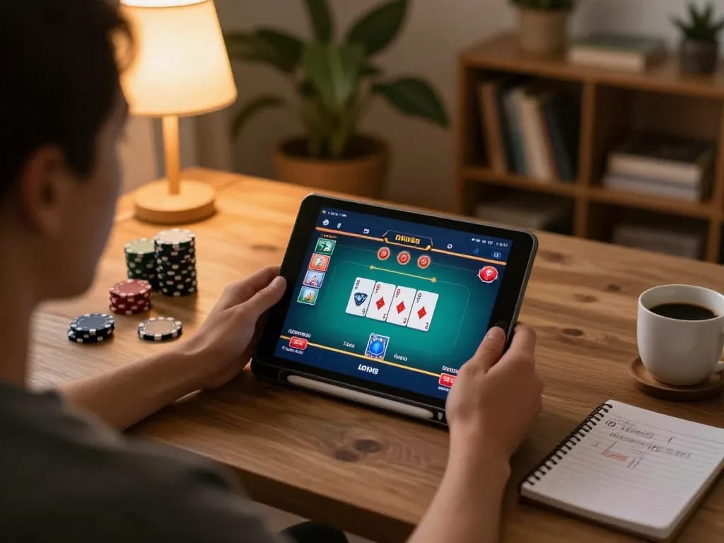 SX88 online gambling setup shows a player engaging with poker on a tablet in a cozy home environment