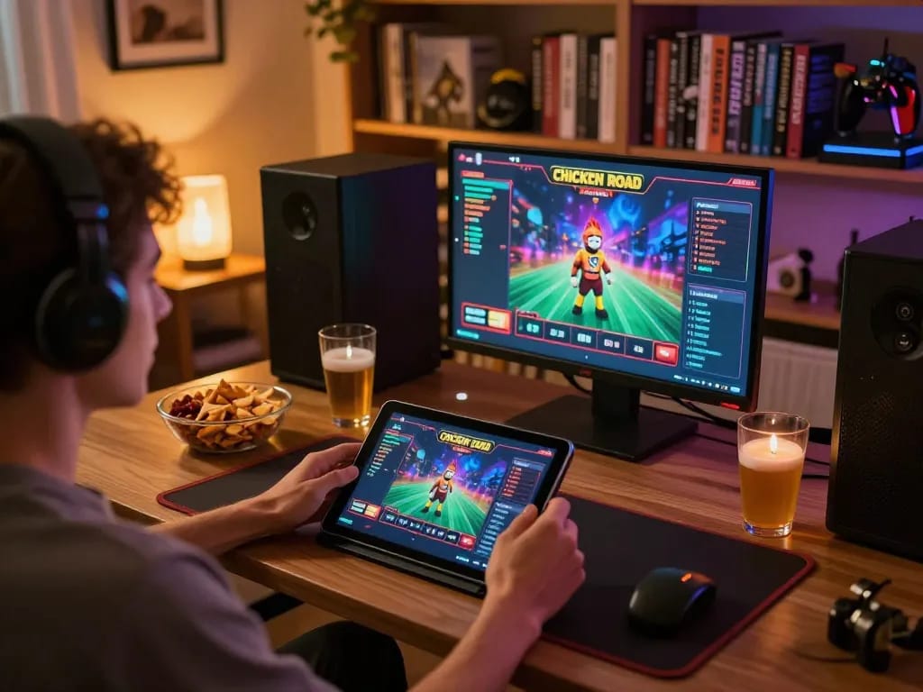 Giocatore coinvolto che si diverte con il gameplay delle recensioni di Chicken Road Casino su tablet in un accogliente ambiente domestico