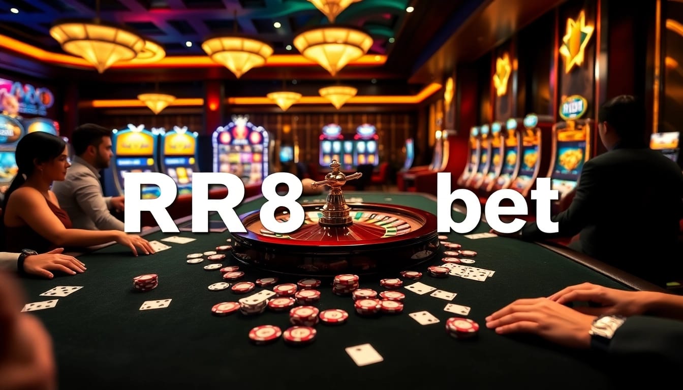 RR88 bet players engaging at a luxurious casino table surrounded by poker chips and roulette.
