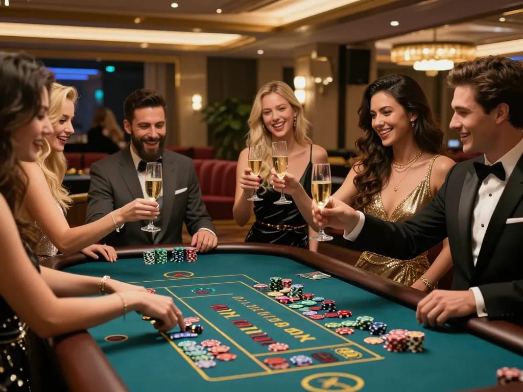 Friends celebrating a win at the casino at https://go999.de.com, showcasing excitement and luxury.