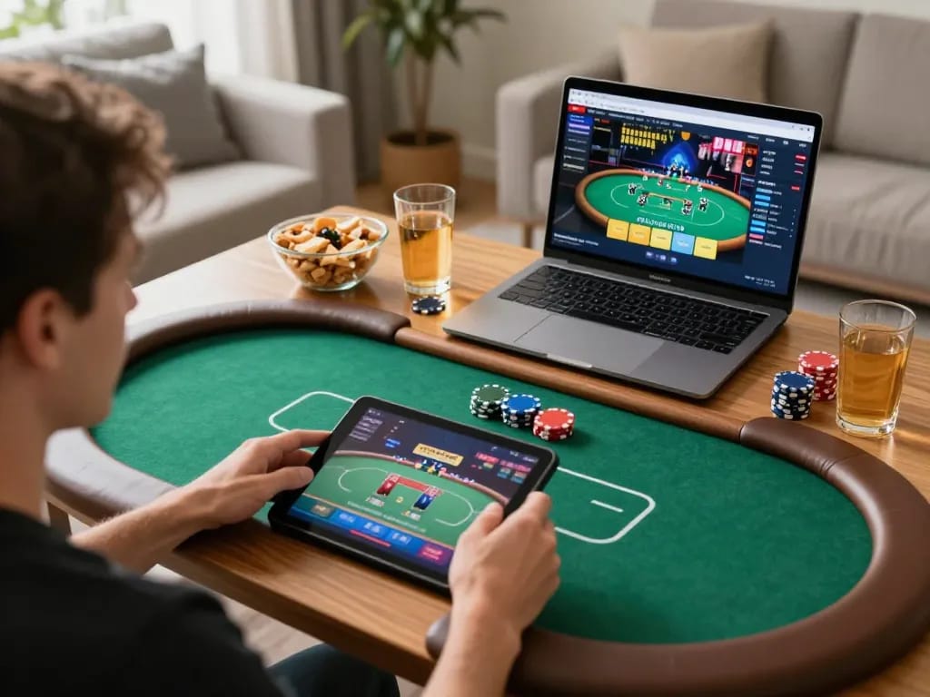 Player enjoying a thrilling poker game on tablet with sc88 strategy notes nearby, highlighting online gambling experience