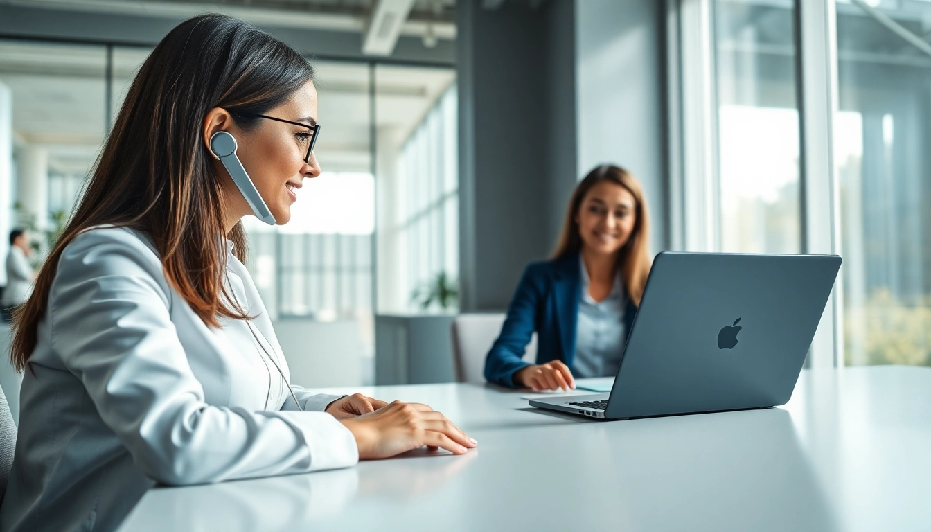 AI Receptionist engaging with a caller in a modern office, showcasing sleek technology.