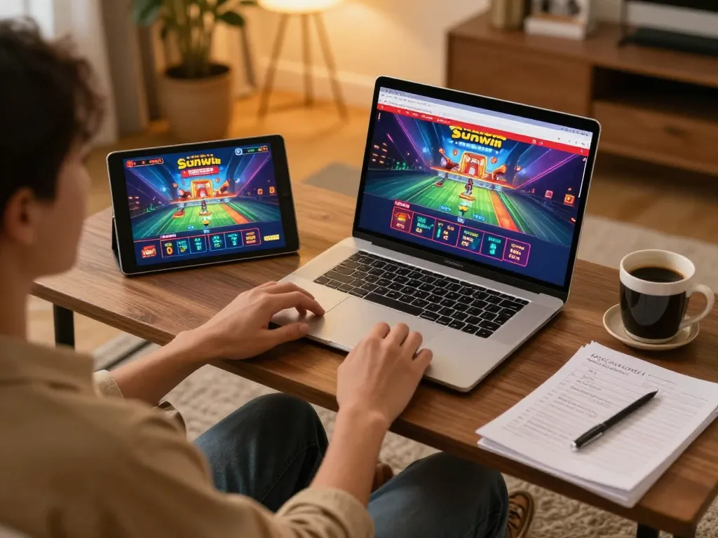 Play at sunwin online casino with a cozy home setup, showcasing vibrant gaming atmosphere