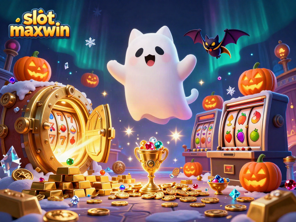 Spin the reels in a vibrant haunted casino with slot maxwin adventures featuring a ghost cat and treasures.