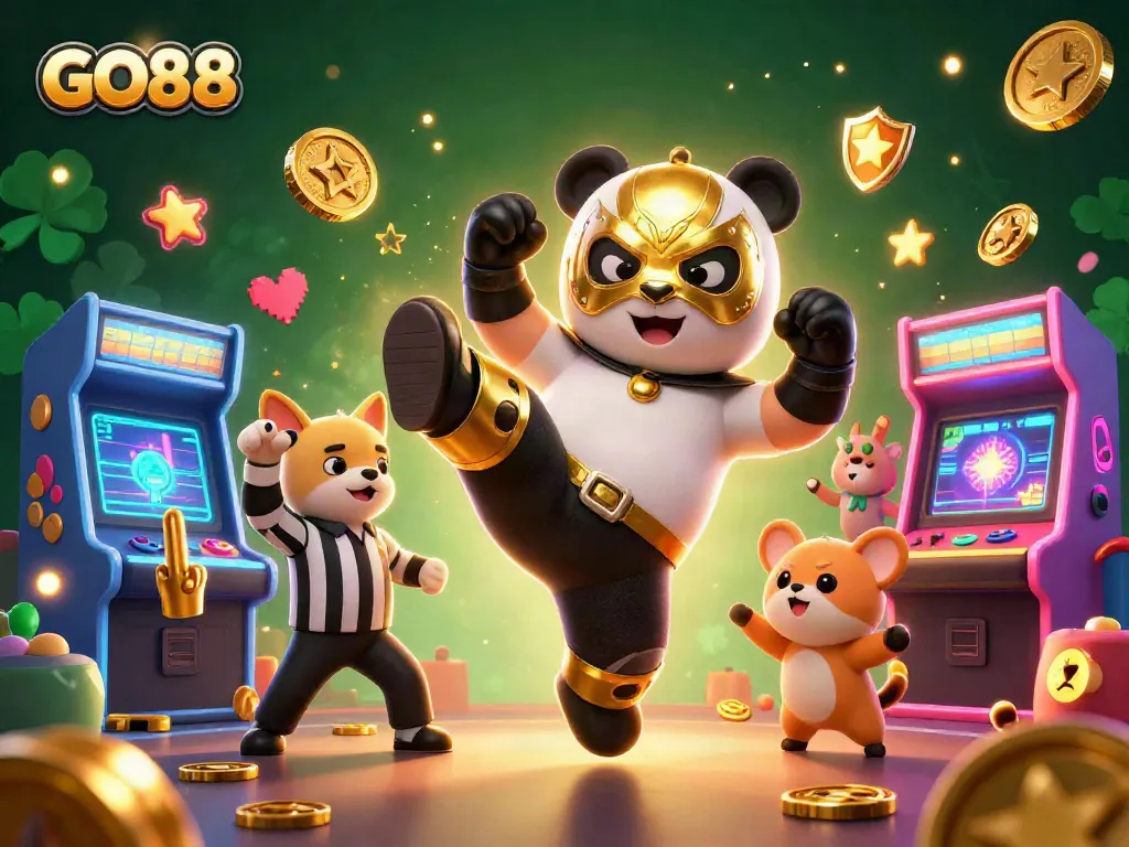 Experience gaming excitement at GO88 with an epic wrestling panda kick and vibrant casino arcade elements.