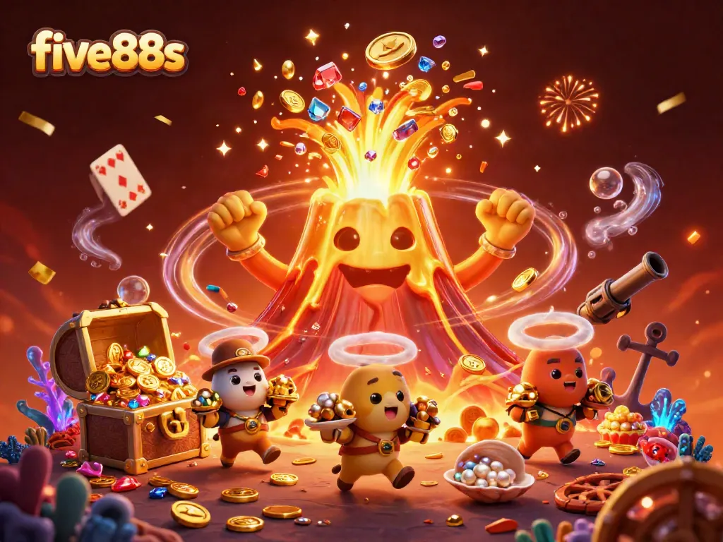 Engage with five88s and explore thrilling casino adventures in a vibrant 3D volcanic treasure scene.