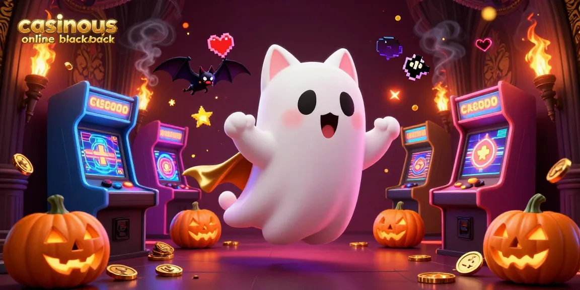 Engage with casinous online blackjack in a haunted casino featuring a ghost cat and glowing jack-o-lanterns.