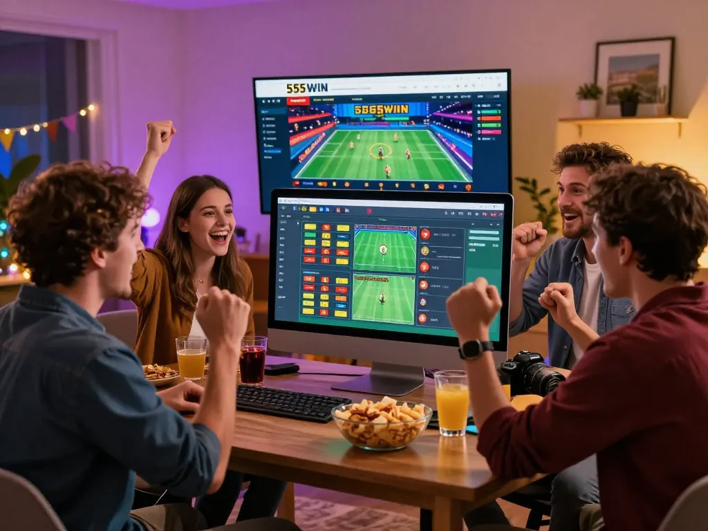 Excited friends celebrating while placing bets on 555win online betting platform during game night.