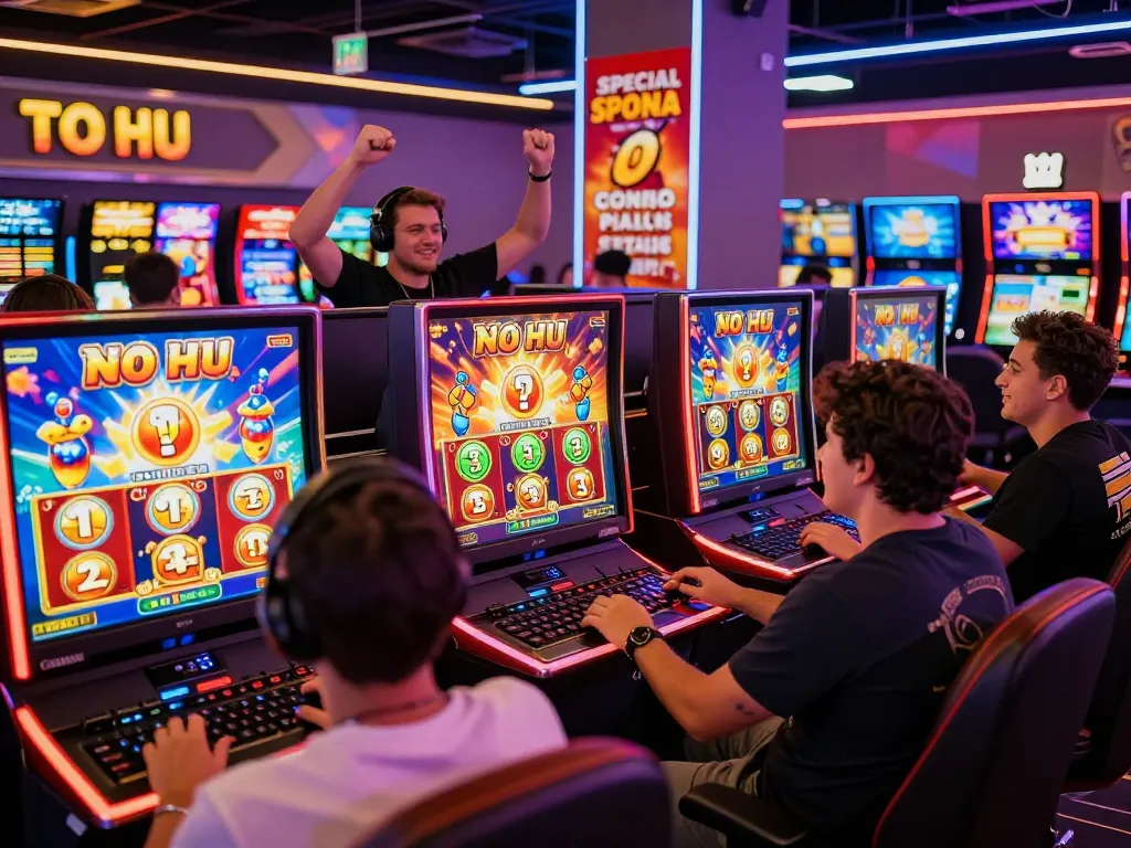 Players enjoying a vibrant No Hu slot game, celebrating big wins in an online casino.