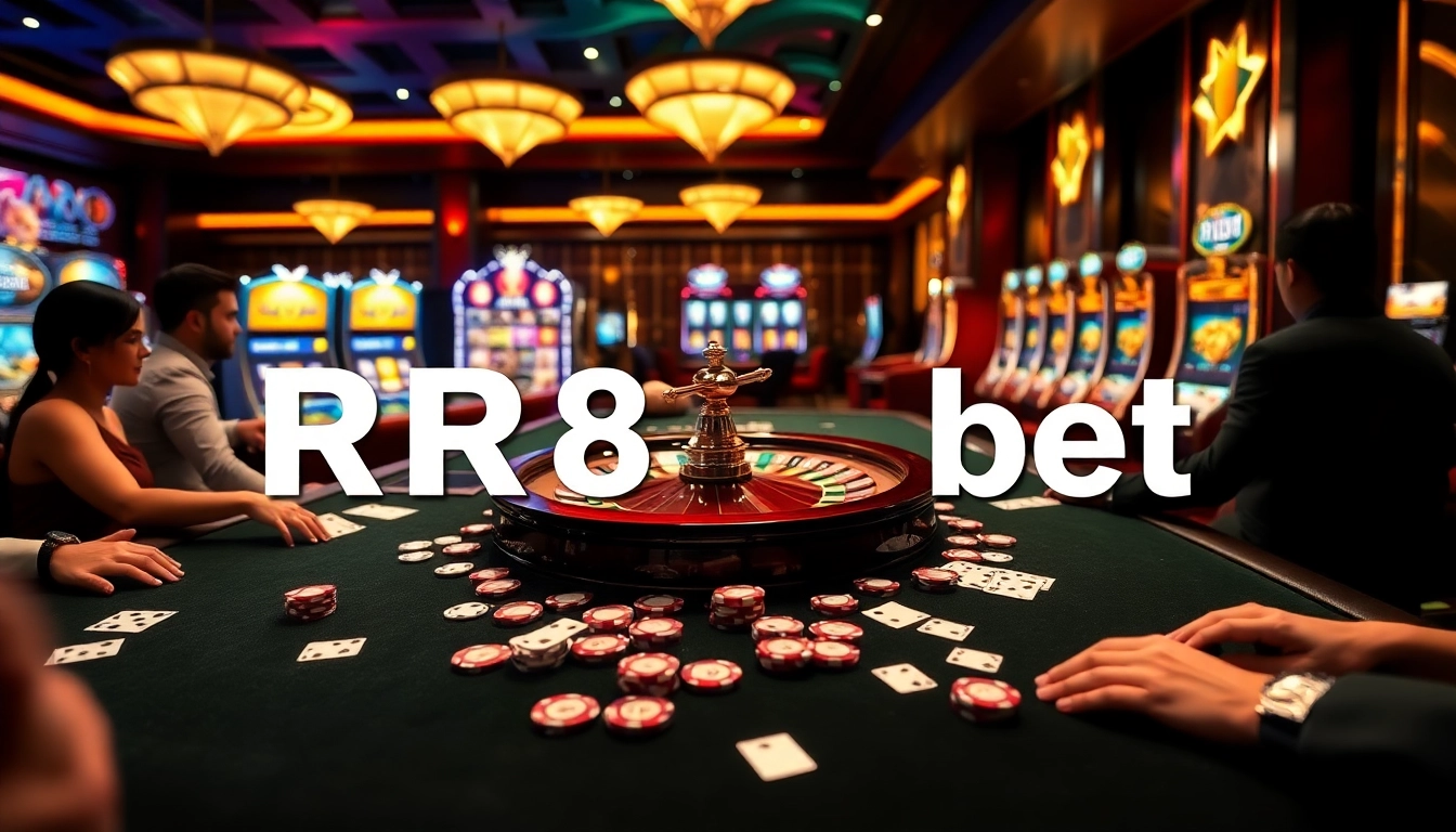 RR88 bet players engaging at a luxurious casino table surrounded by poker chips and roulette.