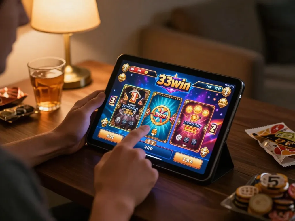 Playing exciting games on 33win mobile app with tablet in a cozy living environment