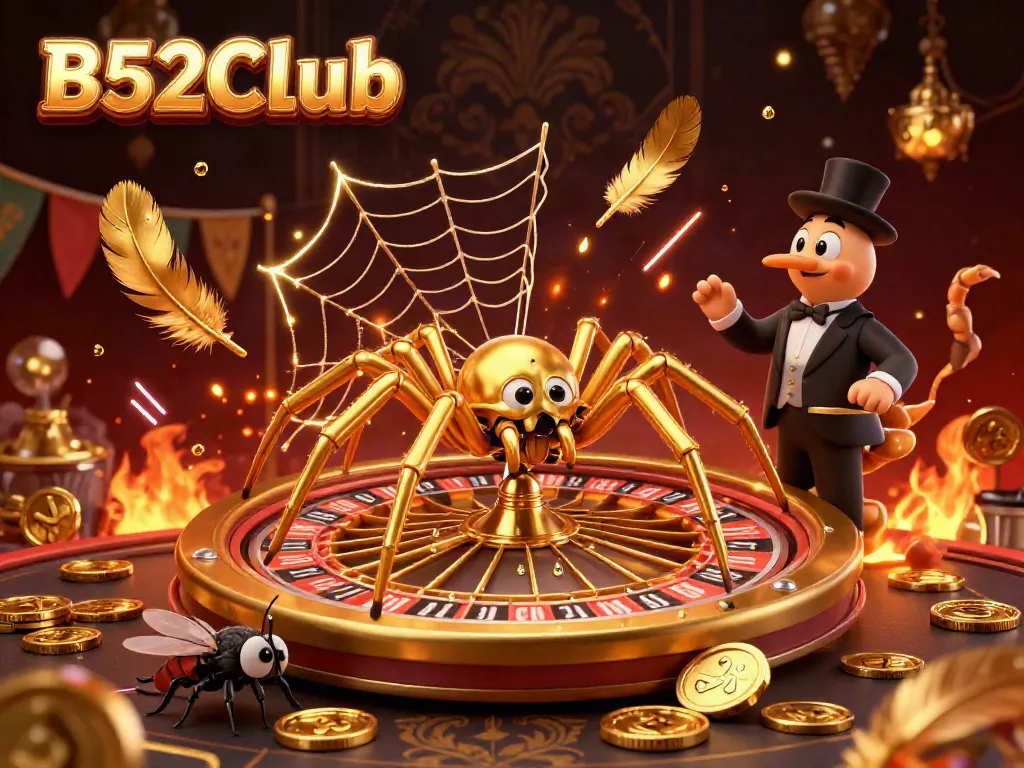 Betting excitement at B52CLub featuring a golden spider croupier and dynamic roulette wheel.
