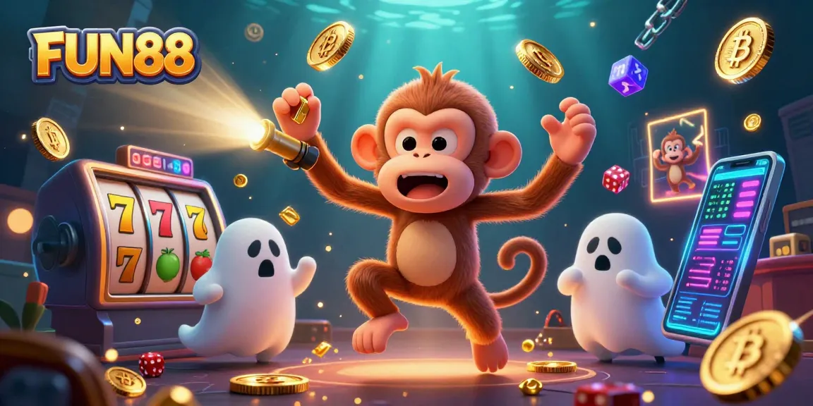 Engage with FUN88's exciting online slots as a mischievous poltergeist monkey juggles golden items in a haunted casino.
