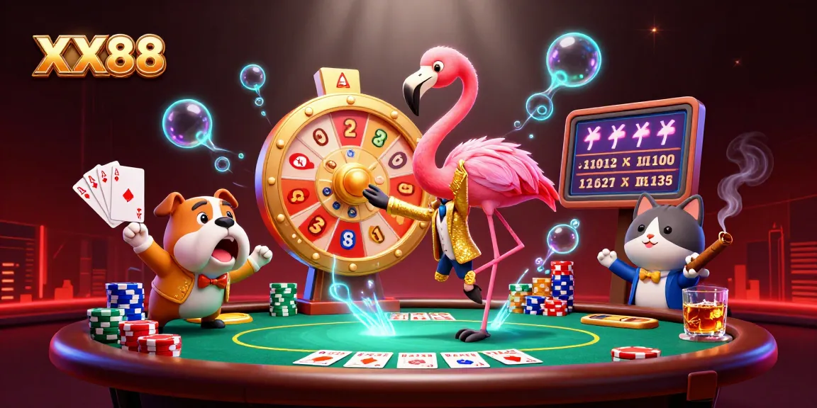 Experience engaging casino gameplay at XX88 with a vibrant illustration featuring a game show host and exciting gaming elements.