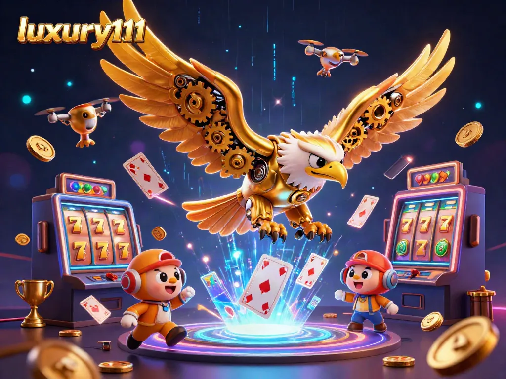 Immerse in luxury111's dynamic slot experience with a robotic eagle amidst jackpot symbols.