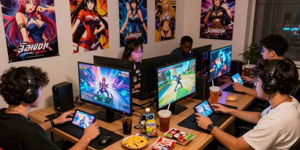 Group enjoying free hentai games on multiple devices in a vibrant gaming room.
