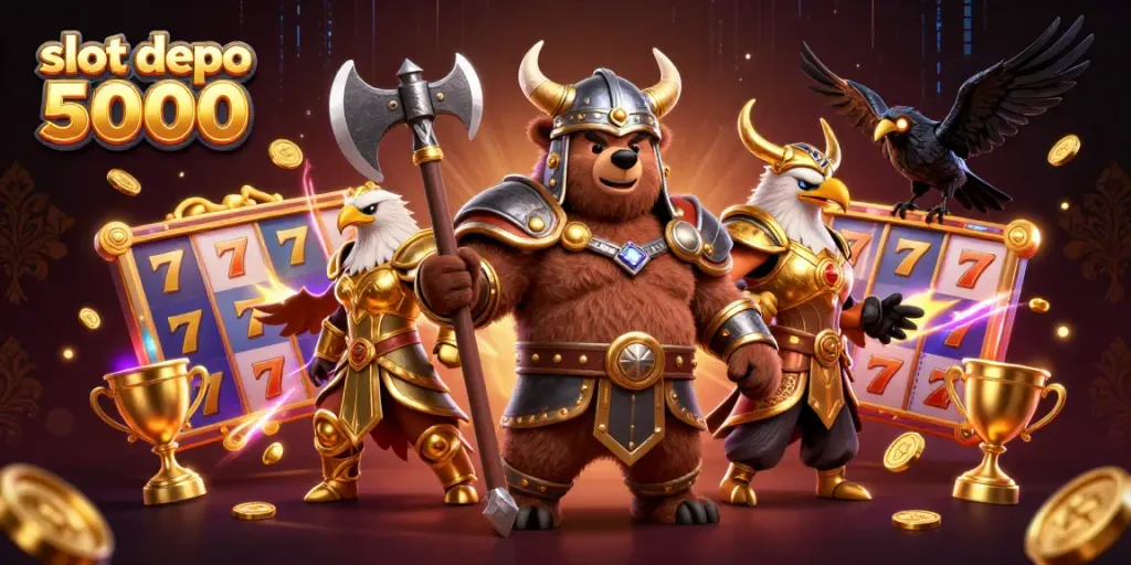 Engage in the excitement of slot depo 5000 with a dynamic 3D casino scene featuring champions and game symbols.