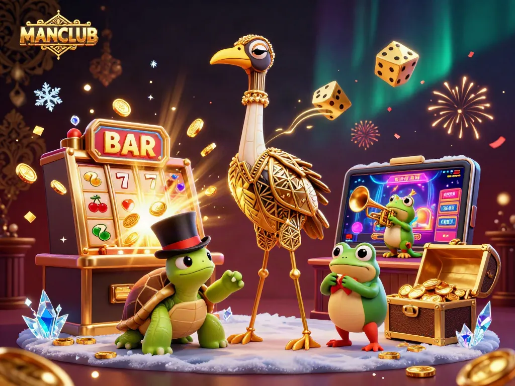 MANCLUB showcases a vibrant casino experience, featuring colorful slot machines and engaging characters.