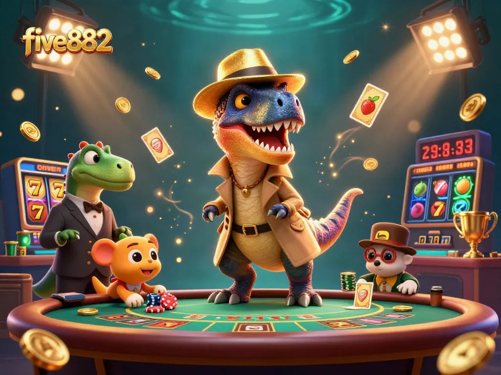 Experience thrilling gaming action at five882 with a lively scene featuring a velociraptor card counter surrounded by dynamic slot elements and casino excitement.