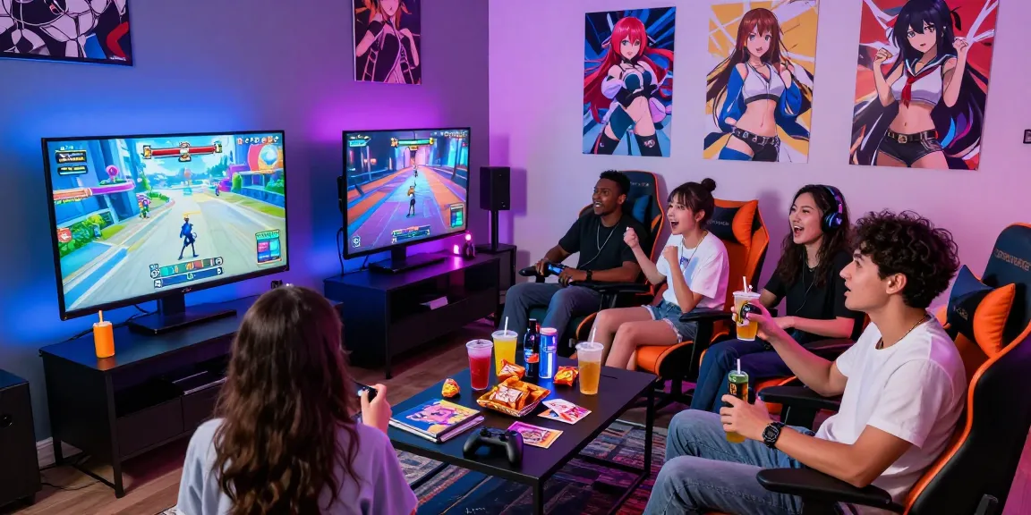 Group enjoying an interactive hentai game in a vibrant gaming room