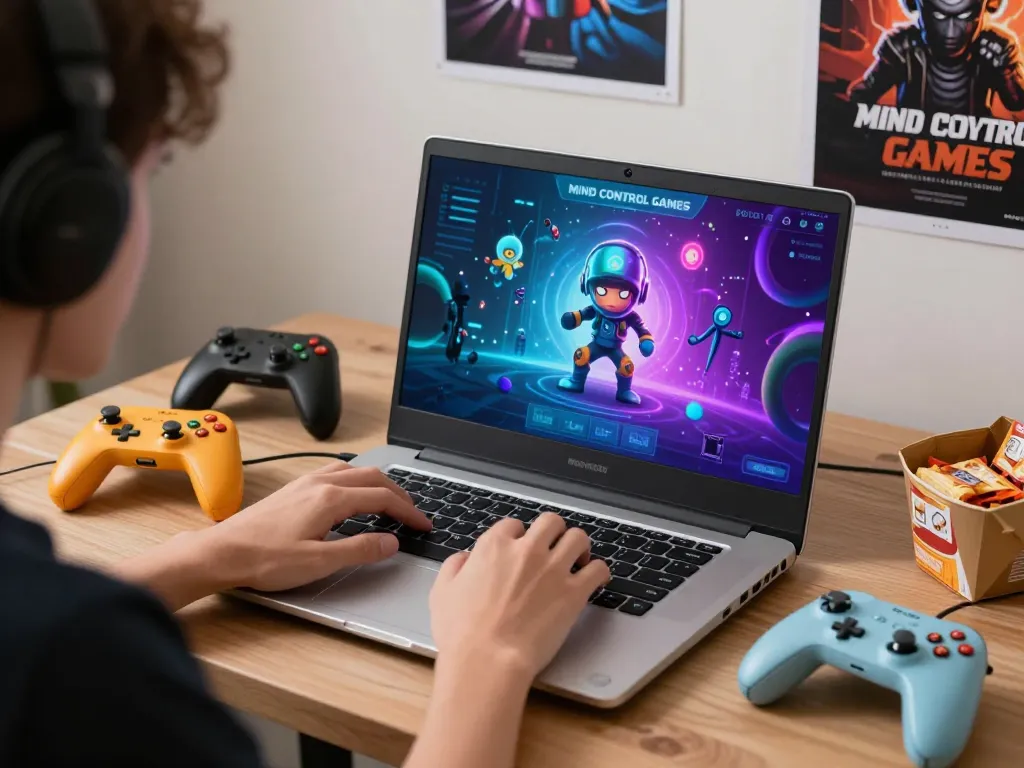 Play exciting mind control porn games on a laptop in a vibrant gaming room.