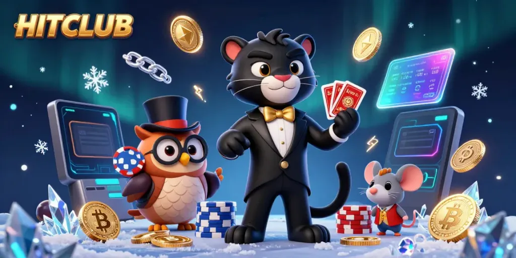 Play cards in HITCLUB with a stylish black panther dealer, unique owl, and a lucky mouse amid vibrant crypto elements.