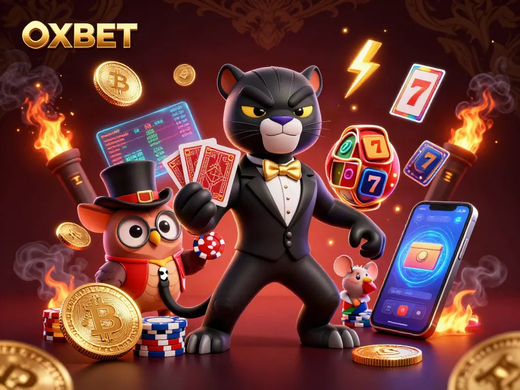 Engage in thrilling gameplay at OXBET with a stylish panther dealer, owl, and lucky mouse amid vibrant slot machines.