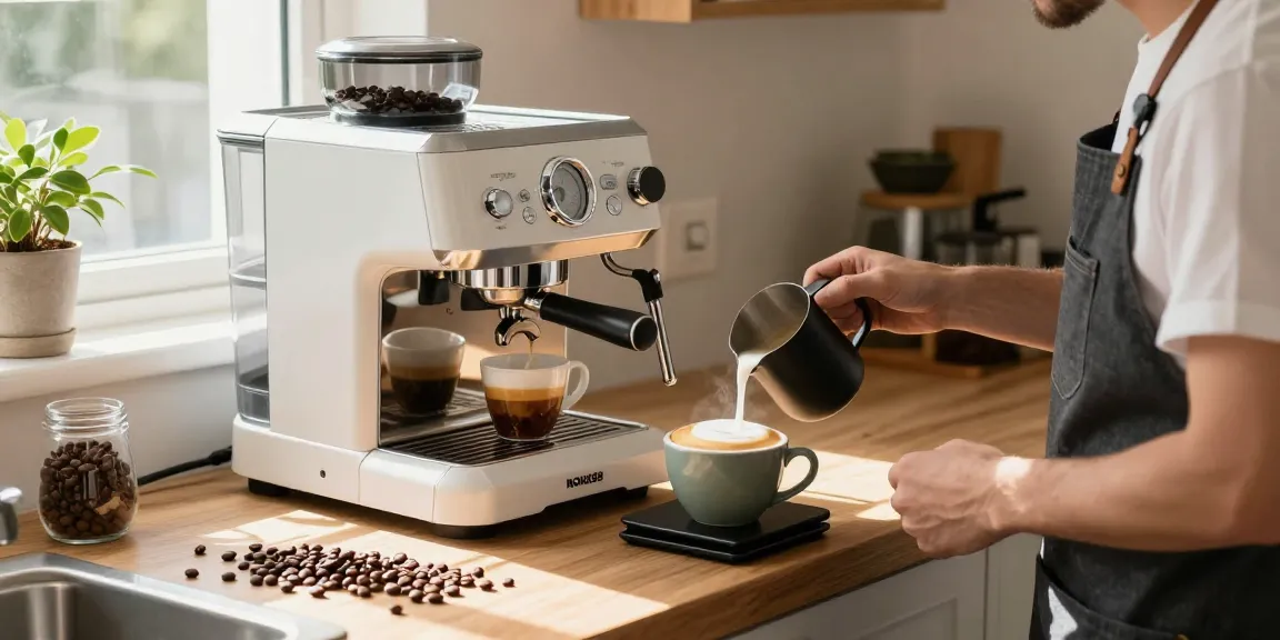 Barista using ROKOK88 espresso machine to brew fresh coffee in a bright kitchen.