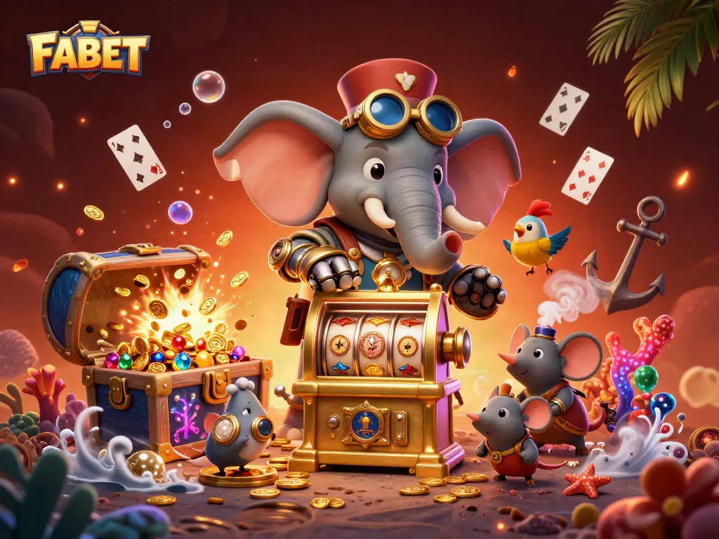 Experience FABET's exciting gaming scene with a steampunk elephant at a golden slot machine