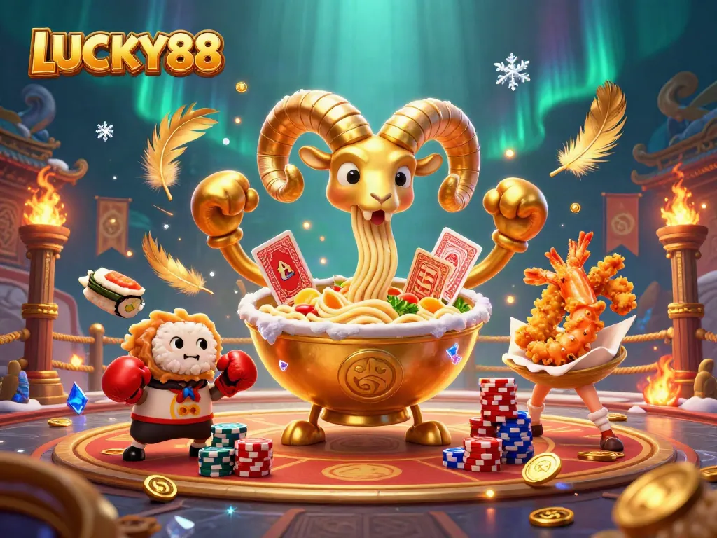 Experience the excitement of LUCKY88 with a dynamic 3D gaming scene filled with vibrant characters and casino elements.