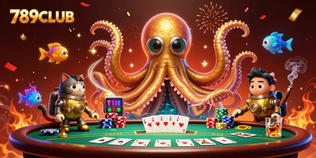 Players enjoy the vibrant 789CLUB experience with a kraken, diving cat, and poker elements.