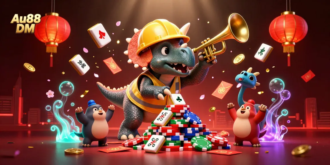 Engage in thrilling gaming at Au88 DM with characters celebrating a winning moment surrounded by vibrant casino elements.