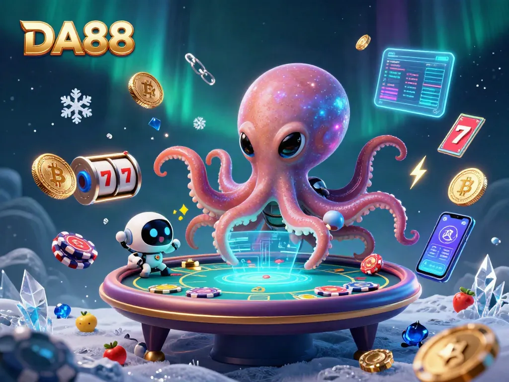 DA88 gaming octopus at a poker table with neon crypto coins and slot symbols