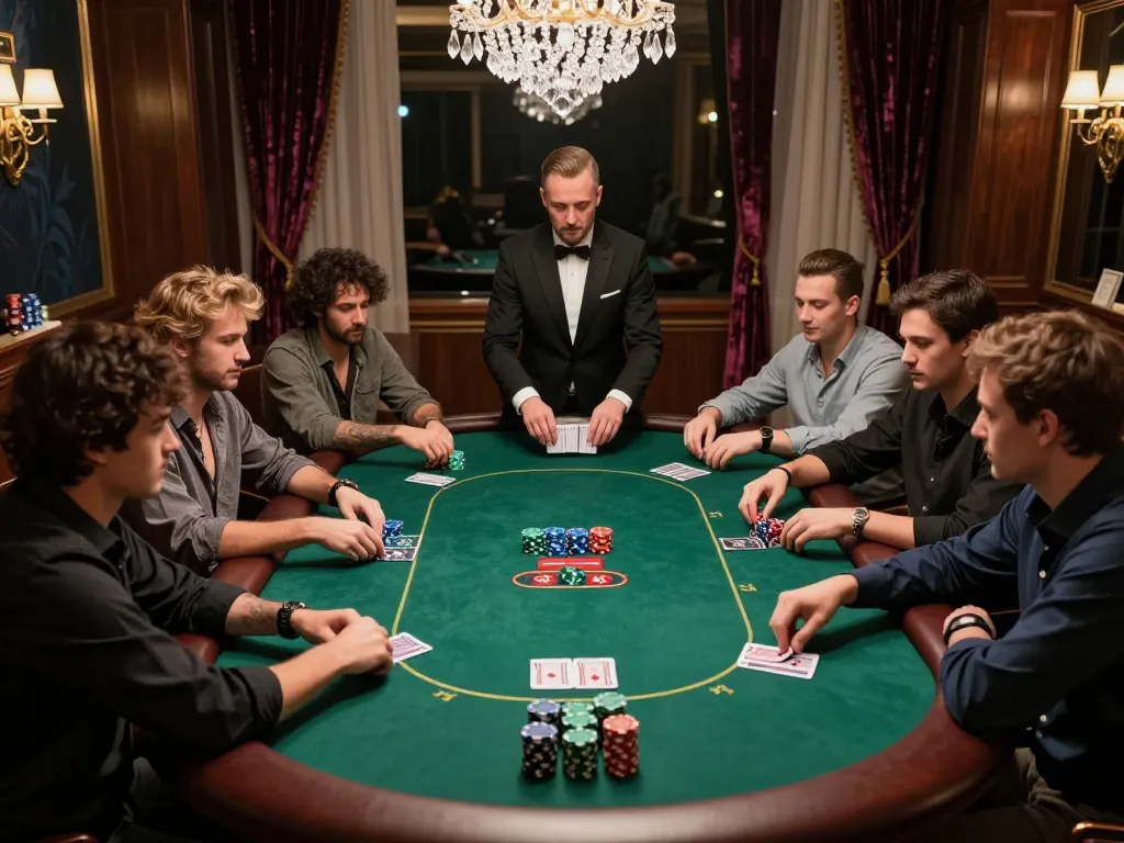 High-stakes poker game at an elegant KJC venue showcasing strategic gameplay and engaged players