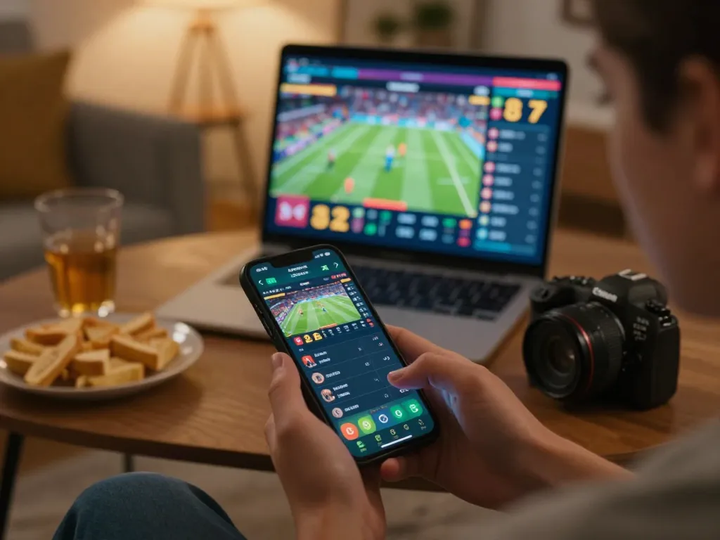 Engaging in sports betting on a smartphone, exemplifying tylekeo strategies in a cozy setting.