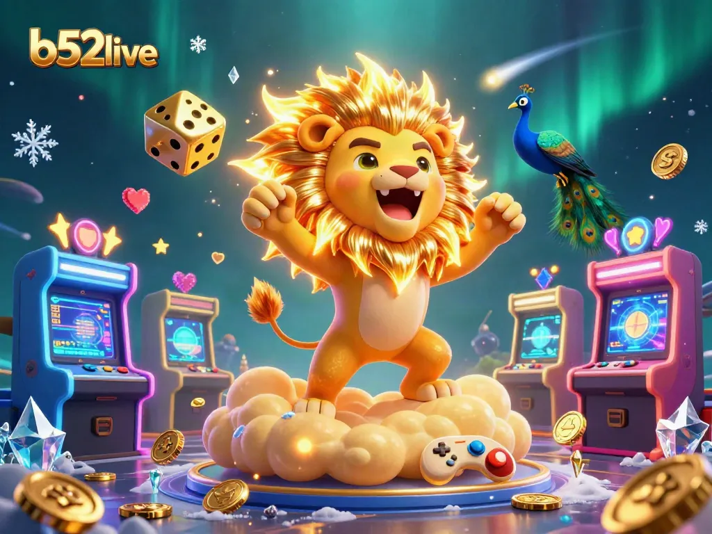 Experience thrilling gaming with b52live in a vibrant casino-style 3D illustration featuring iconic game elements.