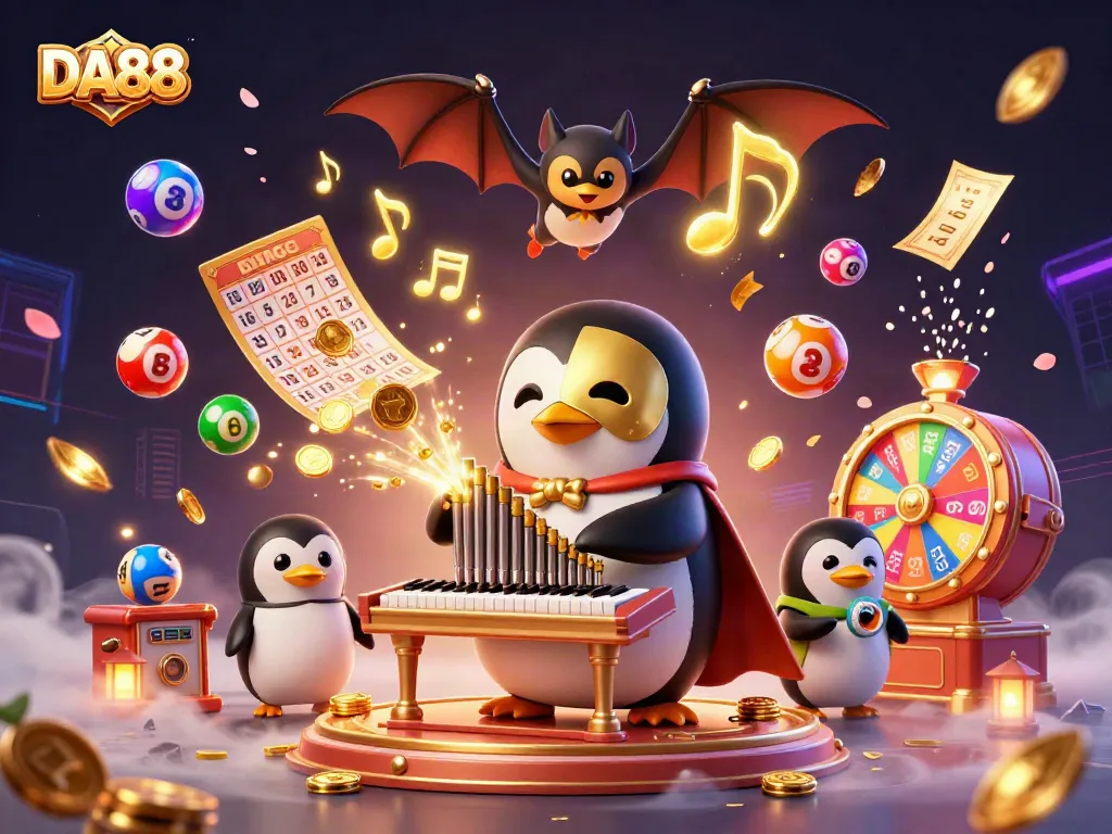 Join the excitement of DA88 with a 3D penguin organist celebrating wins through golden coin showers.