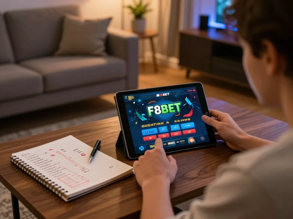 Player enjoying online gaming with F8BET app in a cozy living room, showcasing strategic betting
