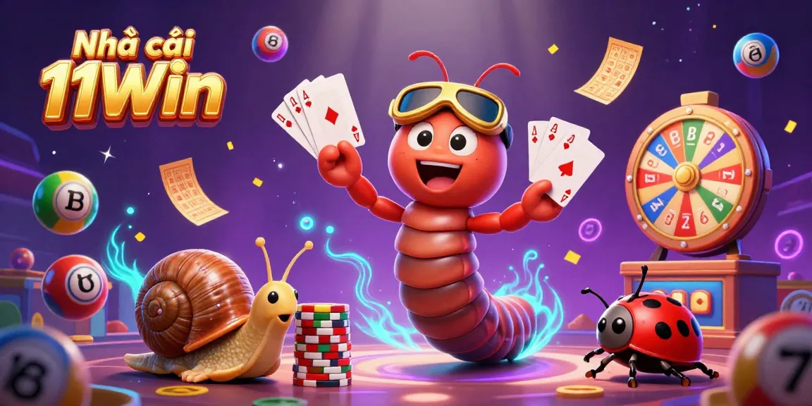 Engage with Nhà cái 11Win through a lively 3D illustration featuring unique gaming characters and vibrant casino elements.