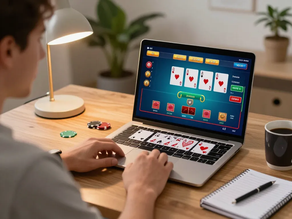 Player enjoying blackjack online on 98win98, showcasing cards and chips in a cozy home setting